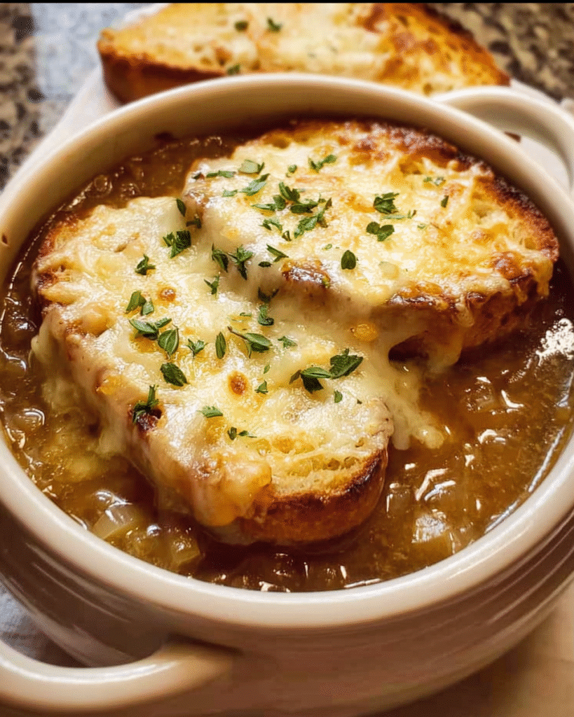 French onion soup with cheesy toast topping