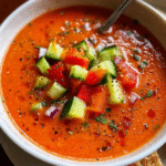 Gazpacho served in bowl with fresh ingredients