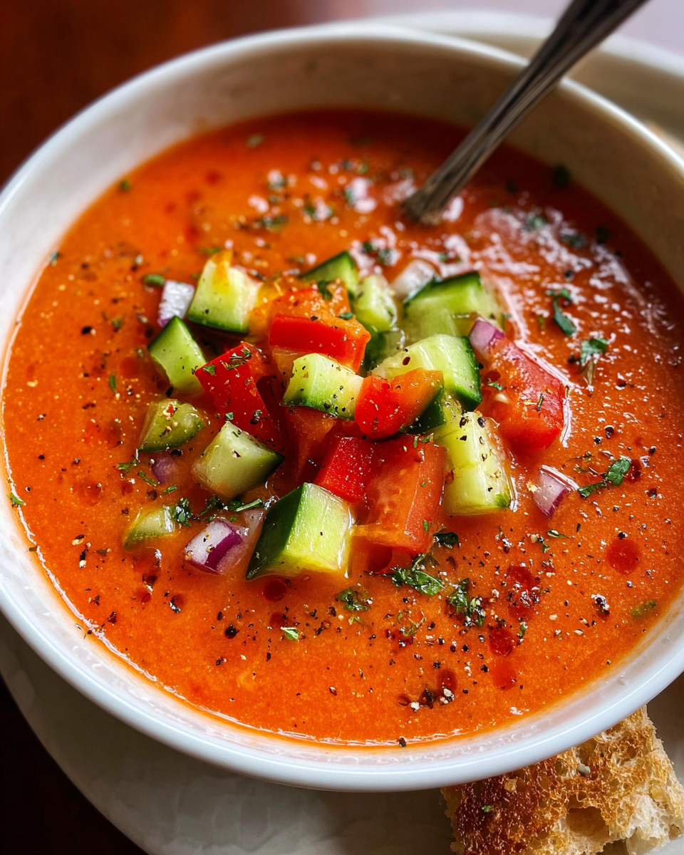 Gazpacho served in bowl with fresh ingredients