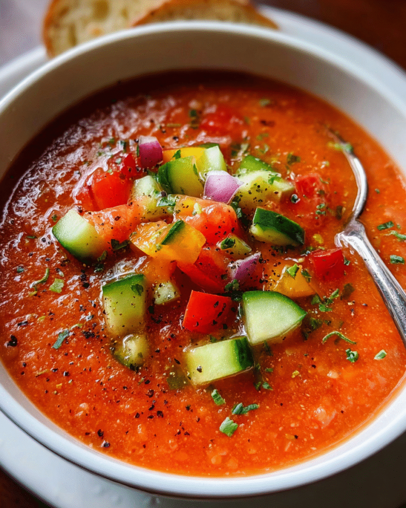 Gazpacho served in bowl with fresh ingredients