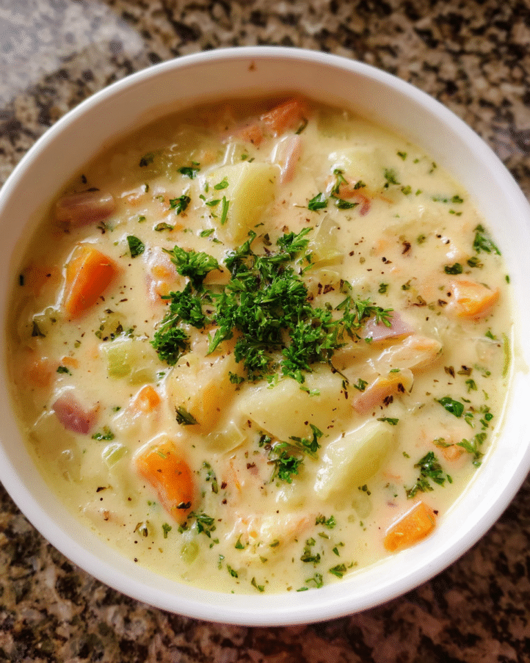 Creamy ham and potato soup in a rustic bowl