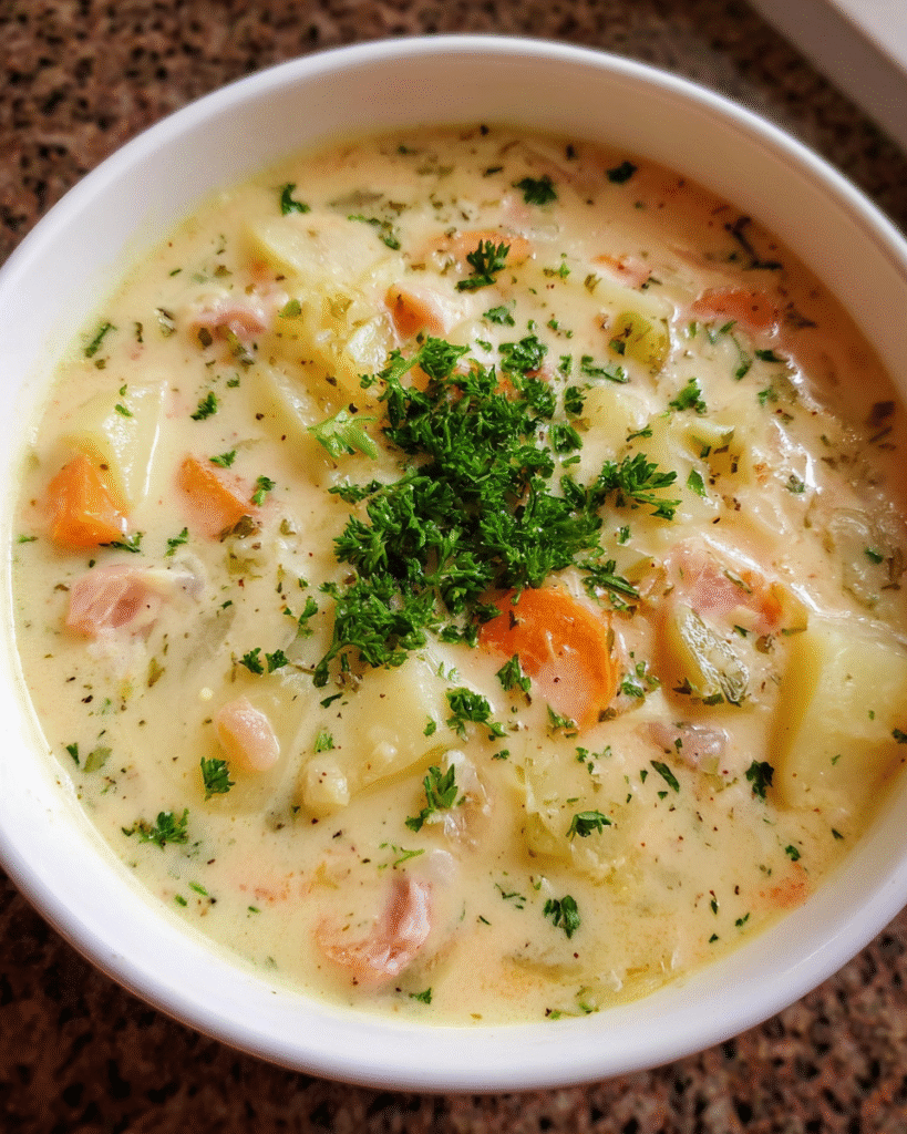 Creamy ham and potato soup in a rustic bowl