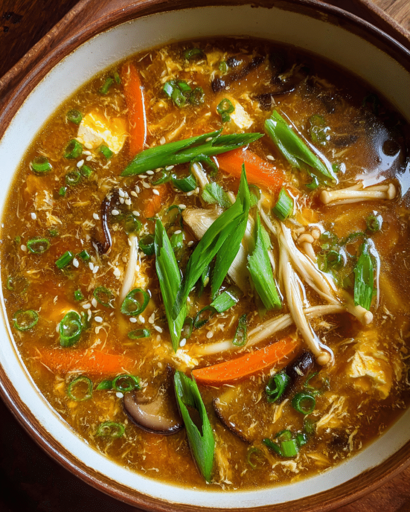 Hot and sour soup in ceramic bowl