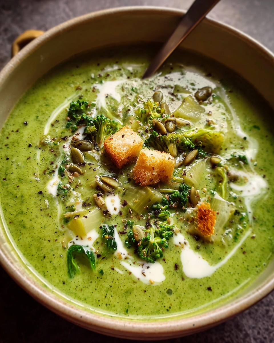 Immunity-boosting Green Goddess Soup in ceramic bowl