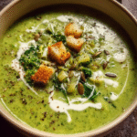 Immunity-boosting Green Goddess Soup in ceramic bowl