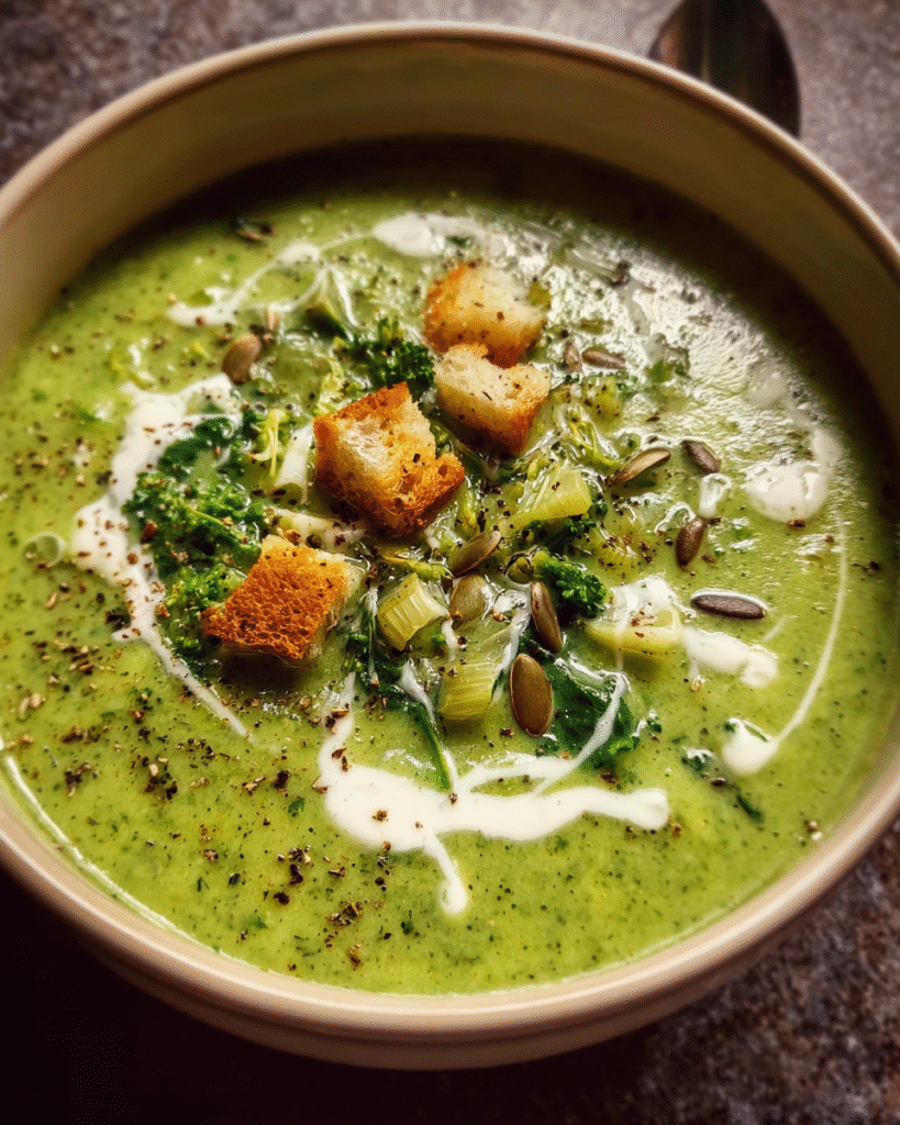 Immunity-boosting Green Goddess Soup in ceramic bowl