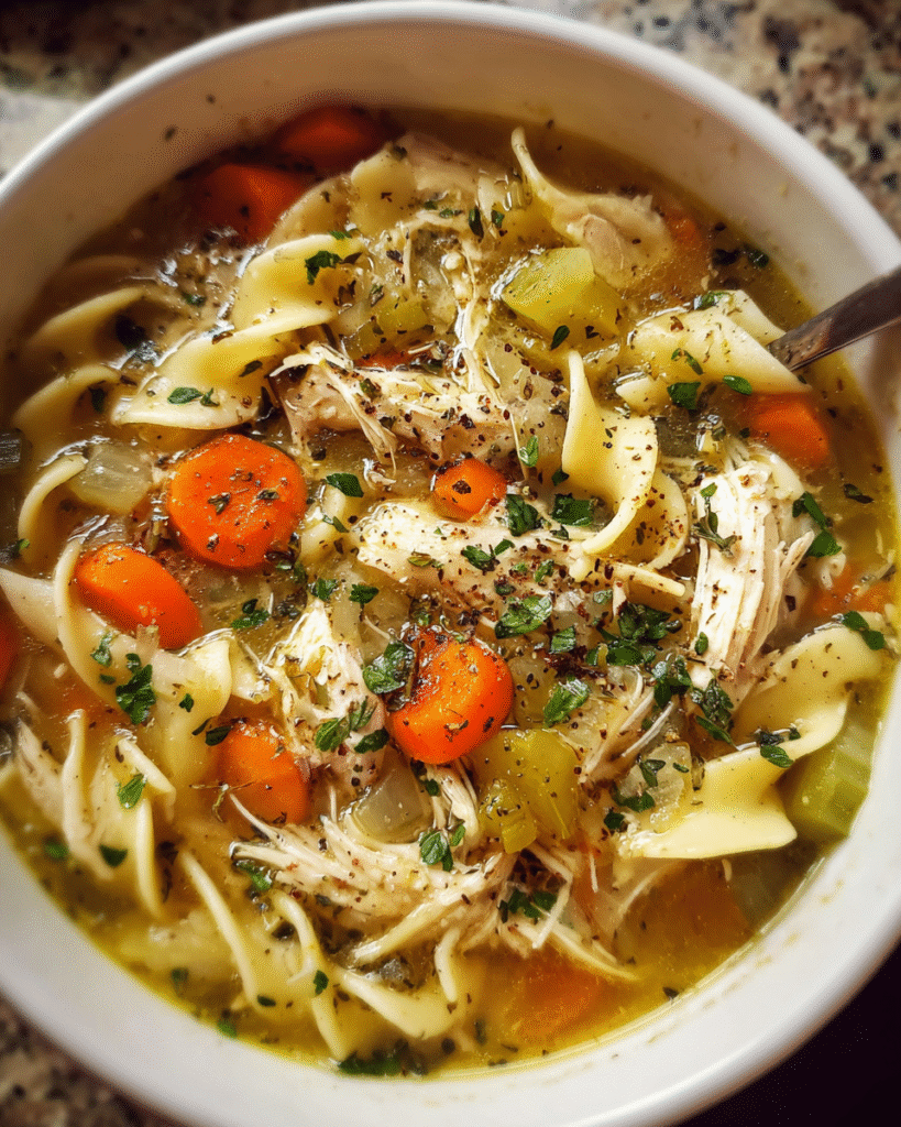 Instant Pot chicken noodle soup with herbs and noodles