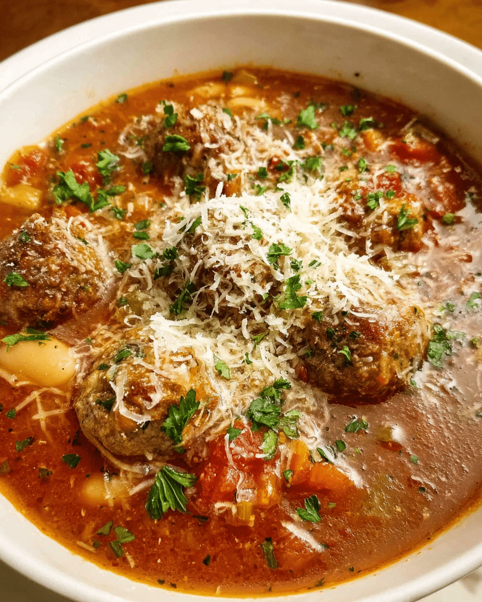 Italian meatball soup served in rustic bowl