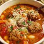 Italian meatball soup served in rustic bowl