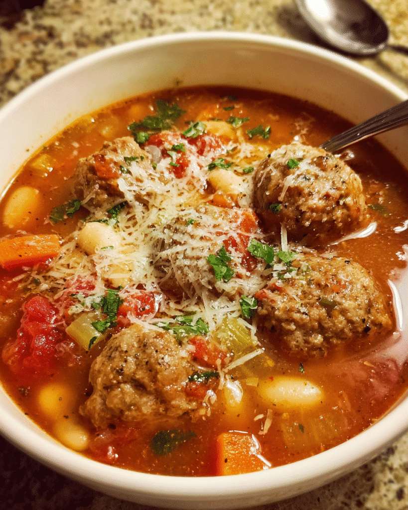 Italian meatball soup served in rustic bowl