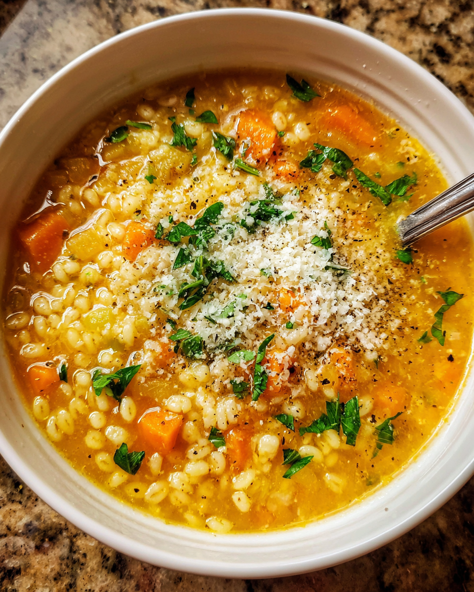 Bowl of Italian Pastina Soup with Parmesan