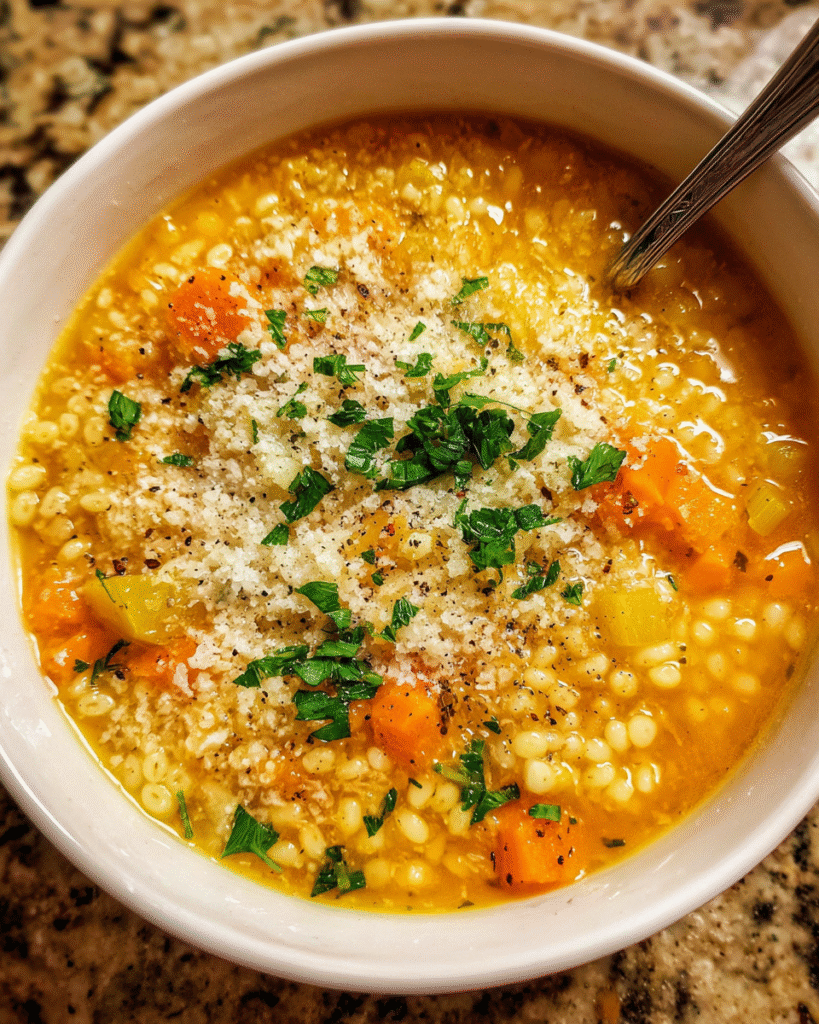 Bowl of Italian Pastina Soup with Parmesan