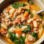 Italian Sausage White Bean Soup in a bowl with spinach and cannellini beans