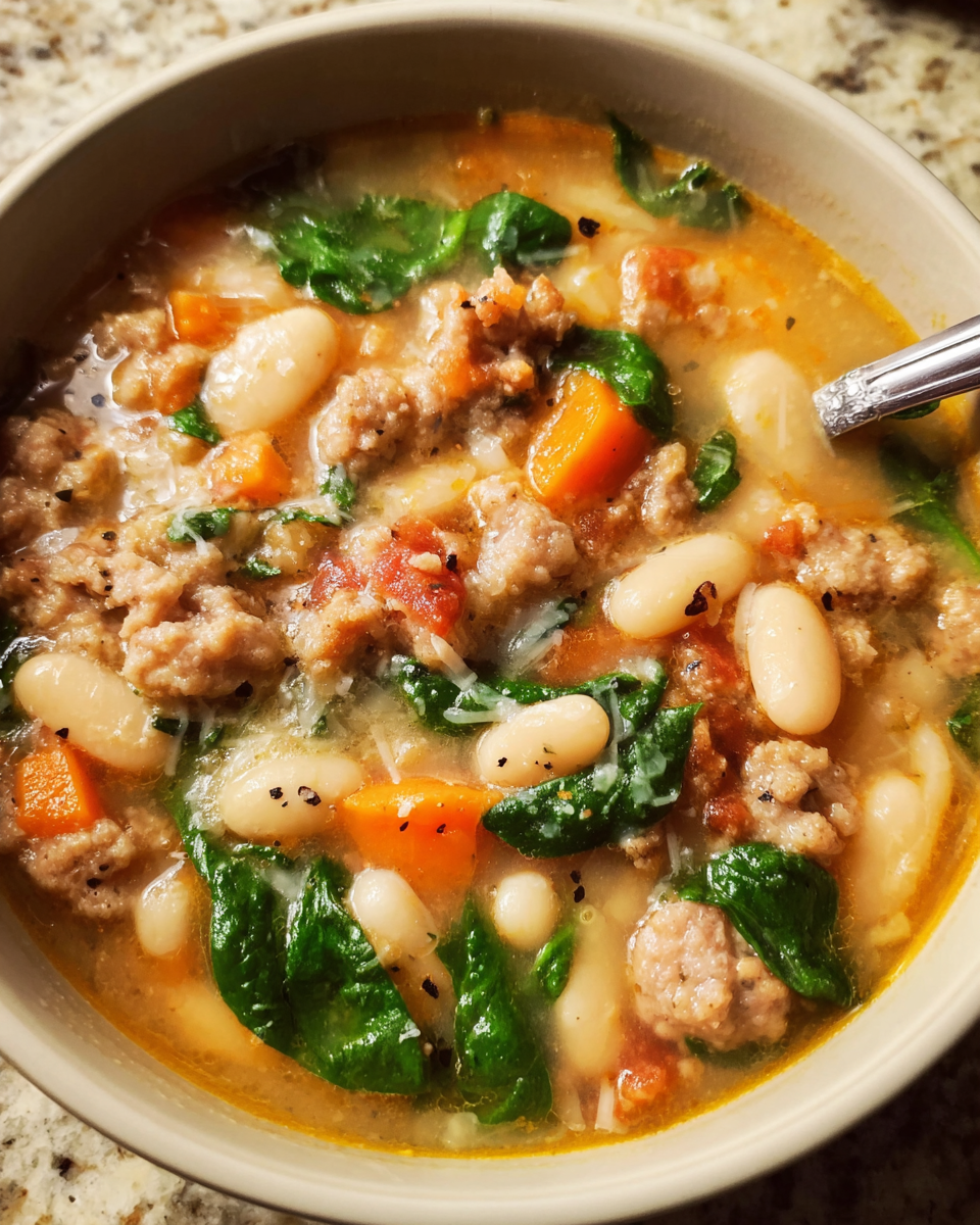 Italian Sausage White Bean Soup in a bowl with spinach and cannellini beans