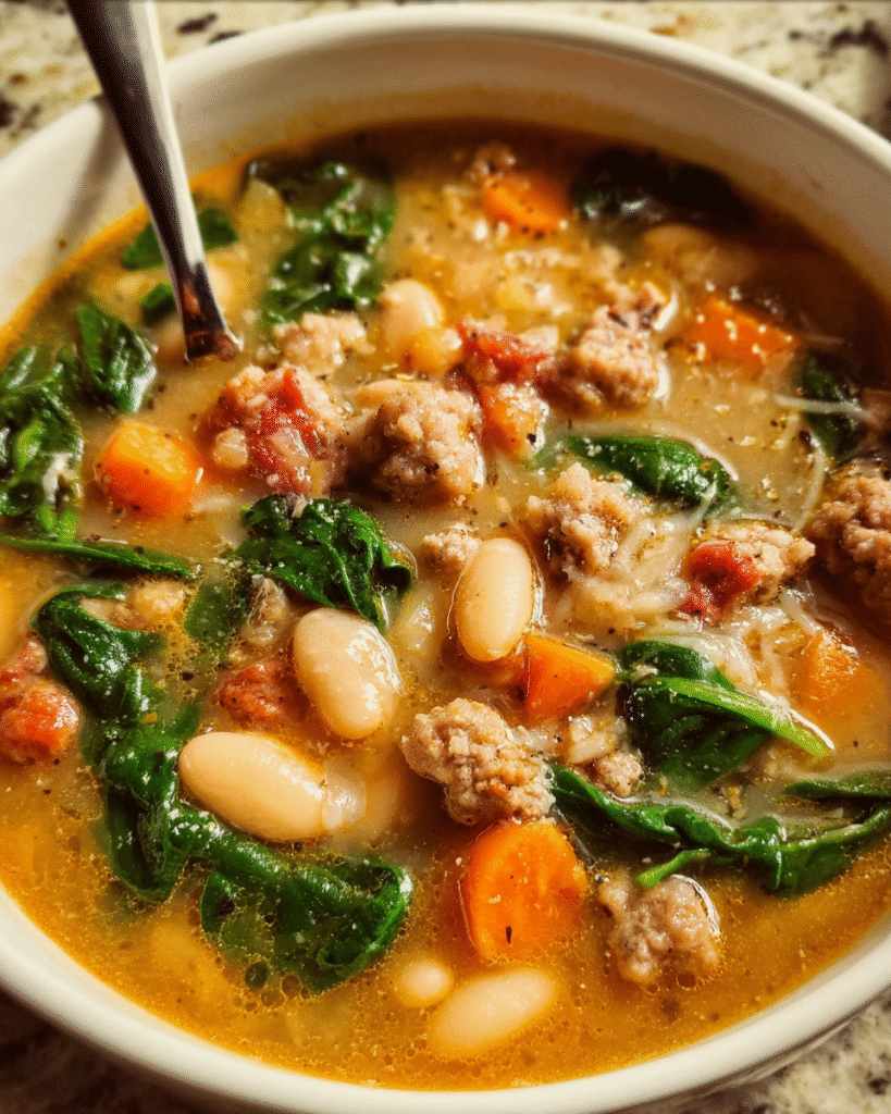 Italian Sausage White Bean Soup in a bowl with spinach and cannellini beans