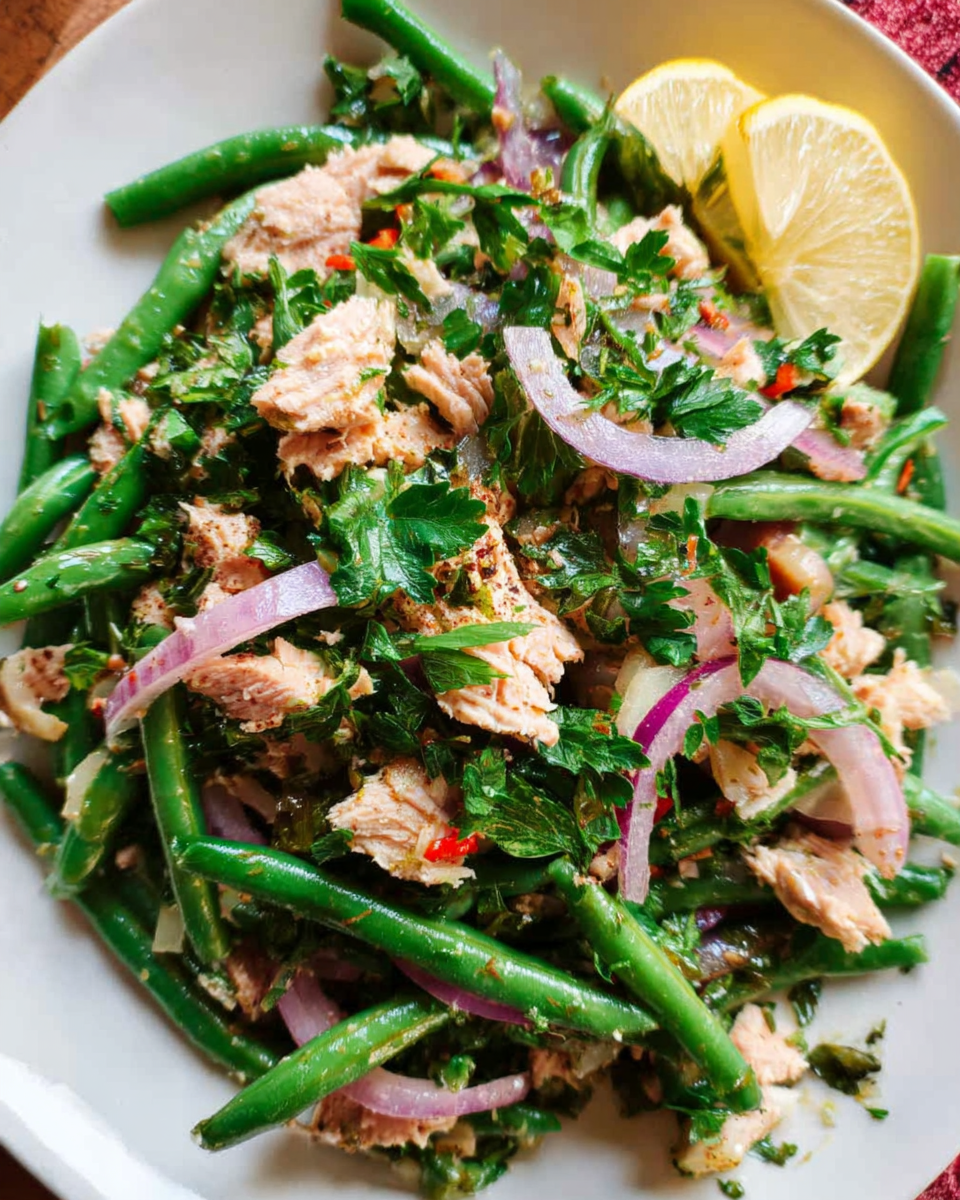 Italian Tuna Green Bean Salad on a rustic platter