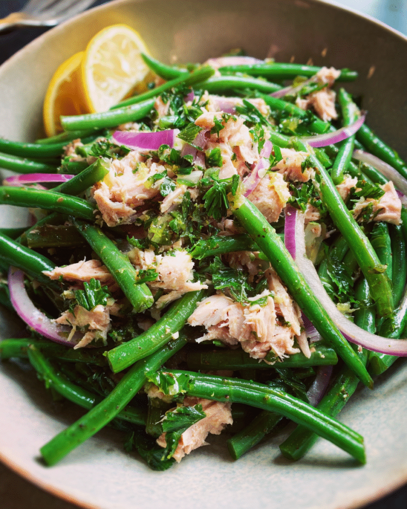 Italian Tuna Green Bean Salad on a rustic platter