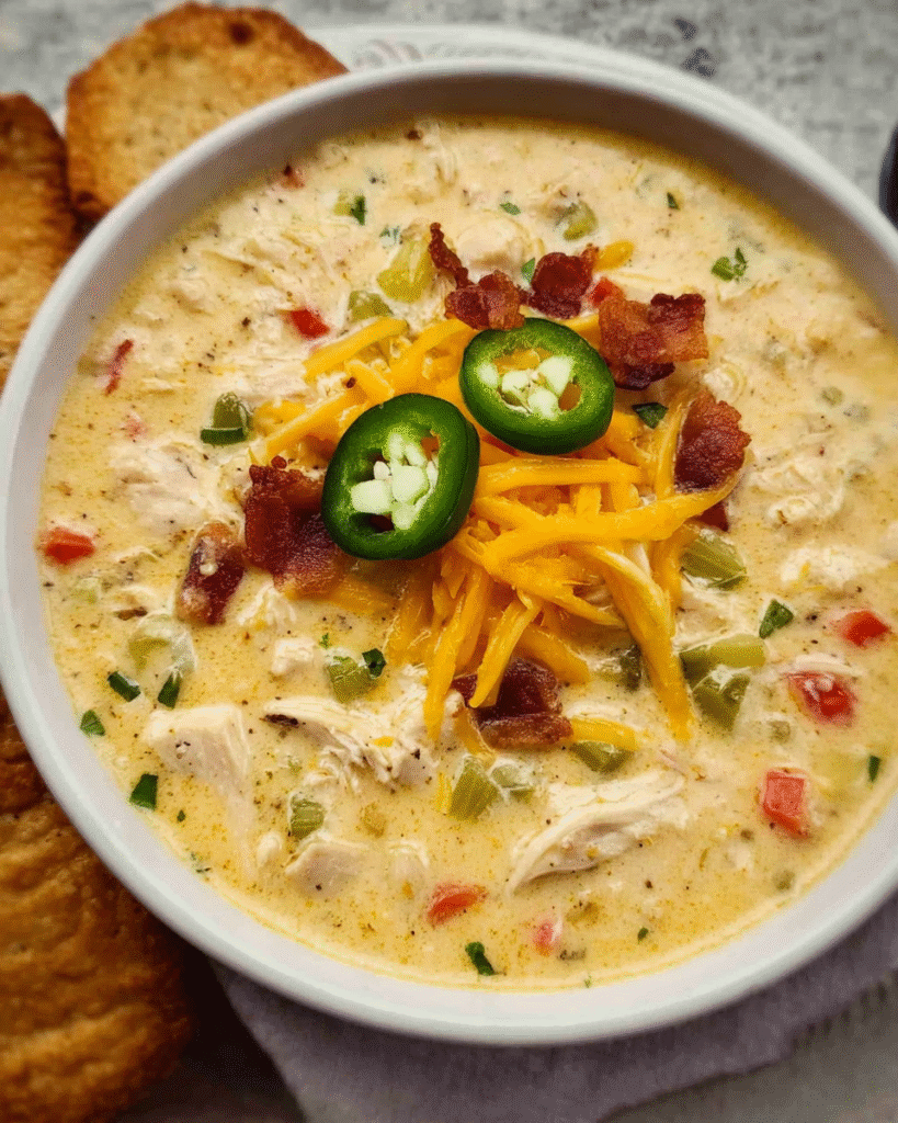 Bowl of creamy jalapeno popper chicken soup topped with sliced jalapeños