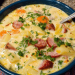 Creamy kielbasa potato soup with smoked sausage, tender potatoes, and fresh herbs in a warm bowl