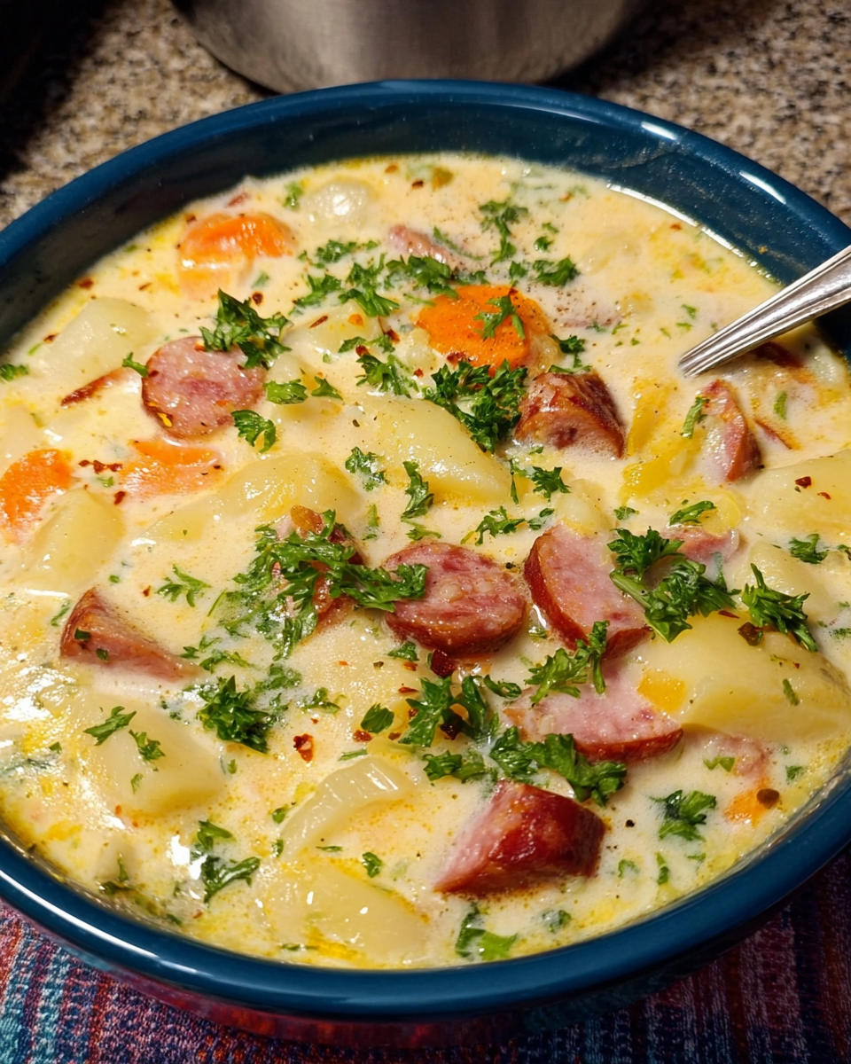 Creamy kielbasa potato soup with smoked sausage, tender potatoes, and fresh herbs in a warm bowl