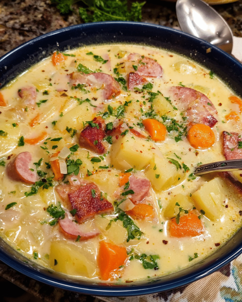 Creamy kielbasa potato soup with smoked sausage, tender potatoes, and fresh herbs in a warm bowl