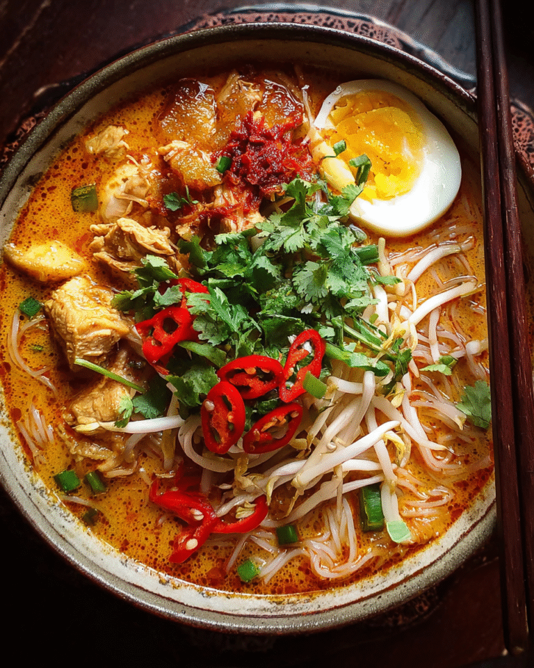 Laksa noodle soup with creamy coconut broth and toppings