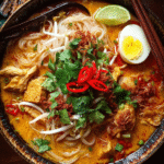 Laksa noodle soup with creamy coconut broth and toppings