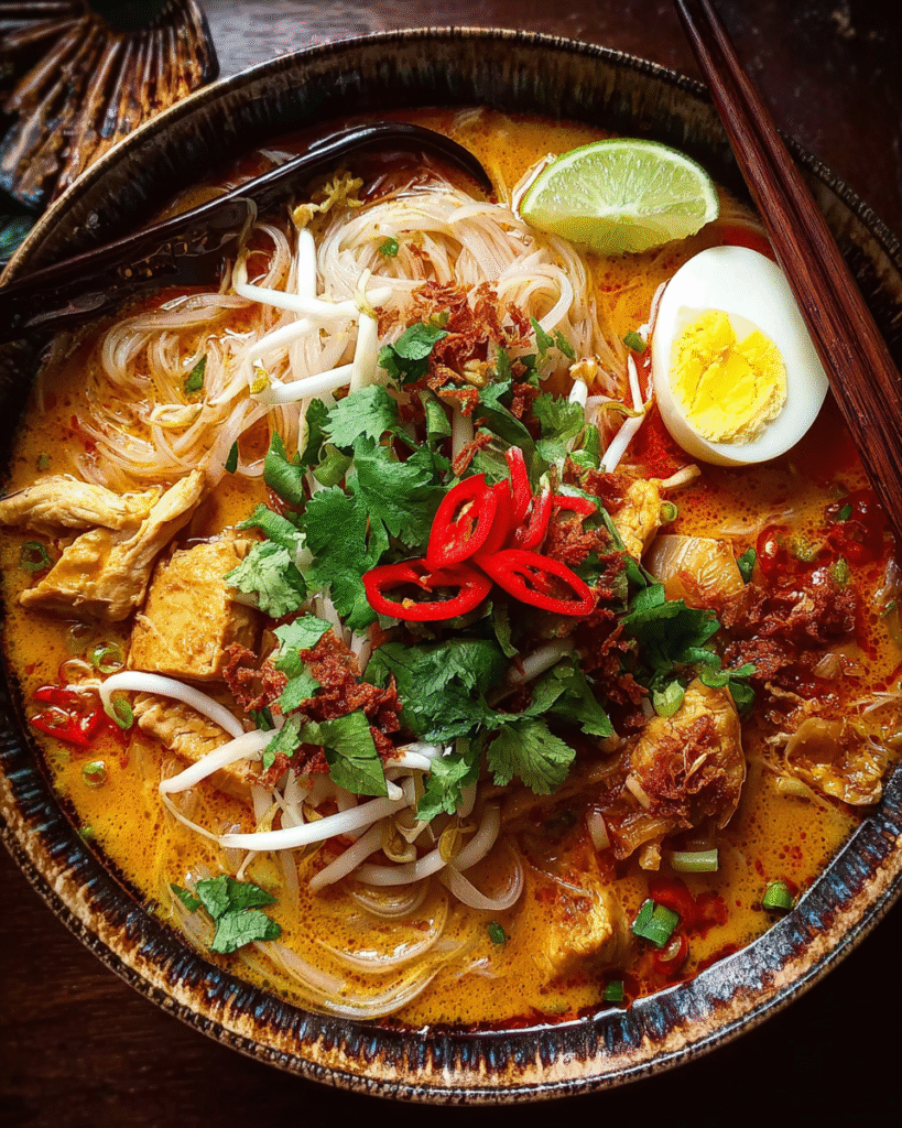 Laksa noodle soup with creamy coconut broth and toppings