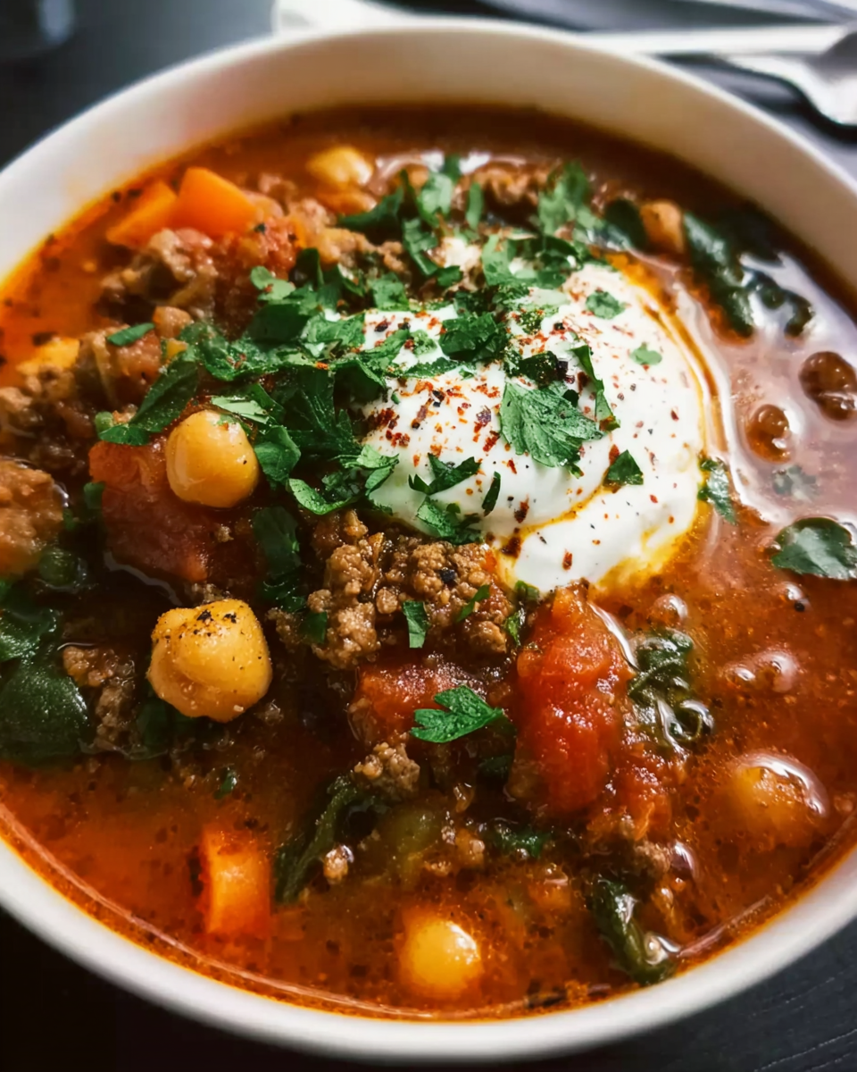 Lamb Shawarma Chickpea Soup in rustic kitchen setting