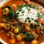 Lamb Shawarma Chickpea Soup in rustic kitchen setting
