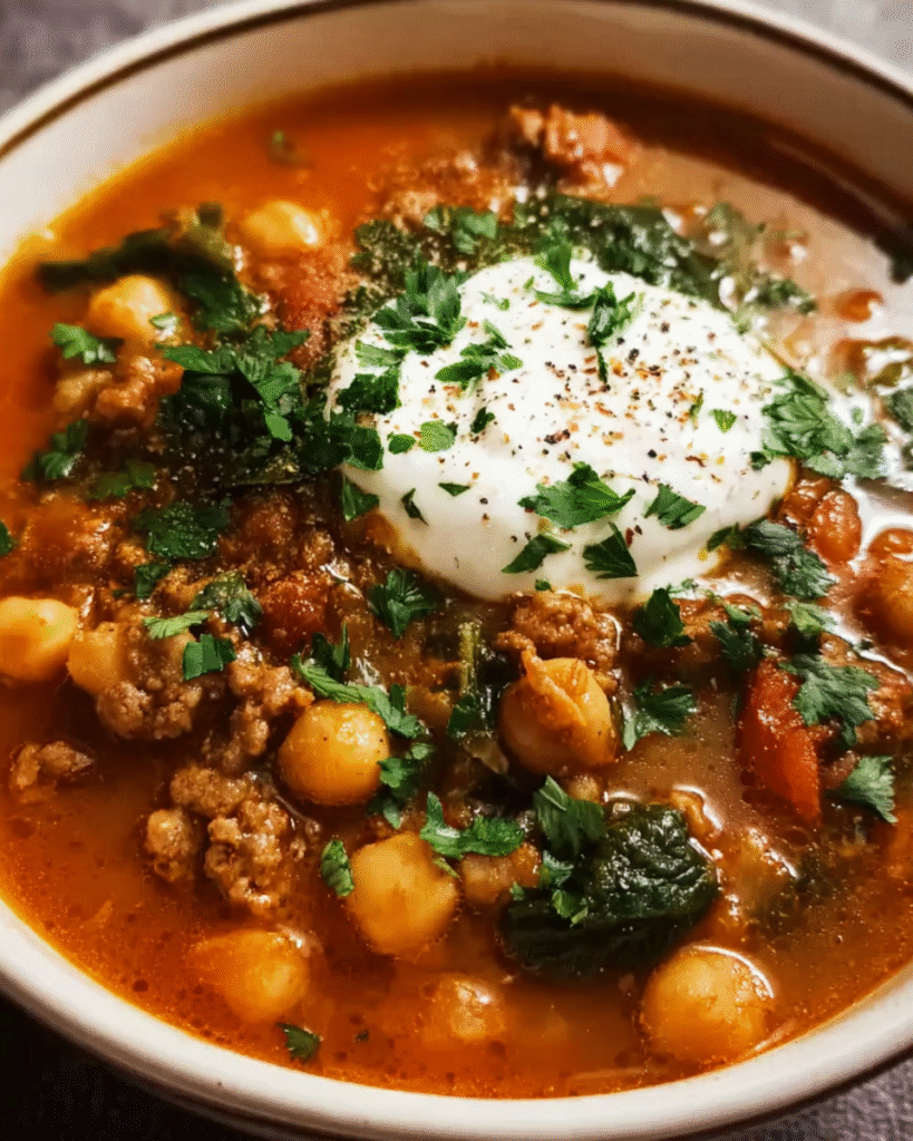 Lamb Shawarma Chickpea Soup in rustic kitchen setting