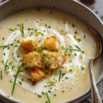 Leek and Potato Soup served with chives and croutons