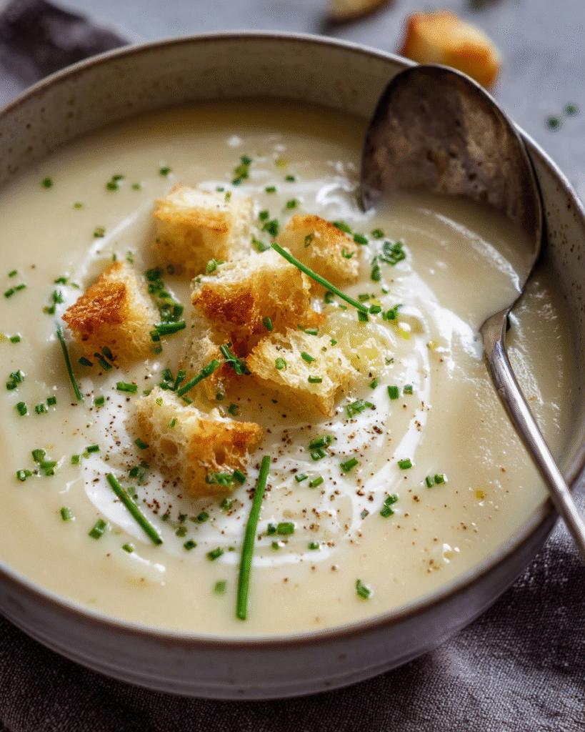 Leek and Potato Soup served with chives and croutons