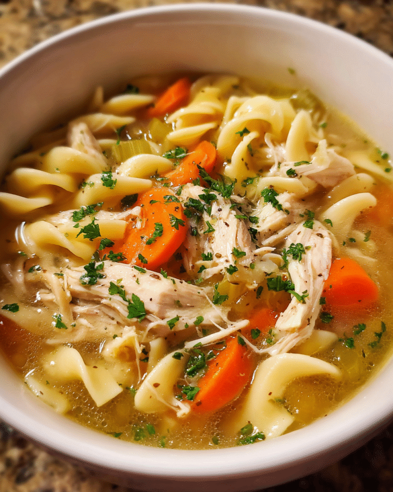 Leftover Turkey Noodle Soup in rustic bowl
