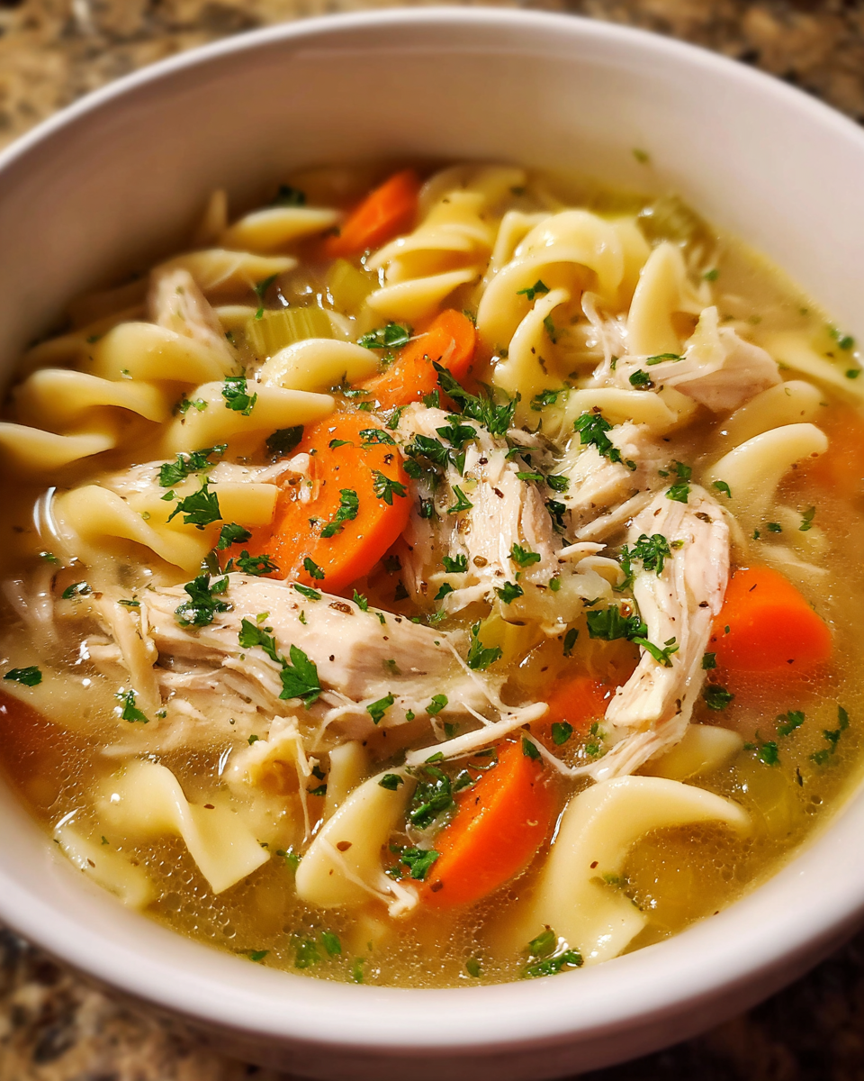 Leftover Turkey Noodle Soup in rustic bowl