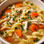 Leftover Turkey Noodle Soup in rustic bowl