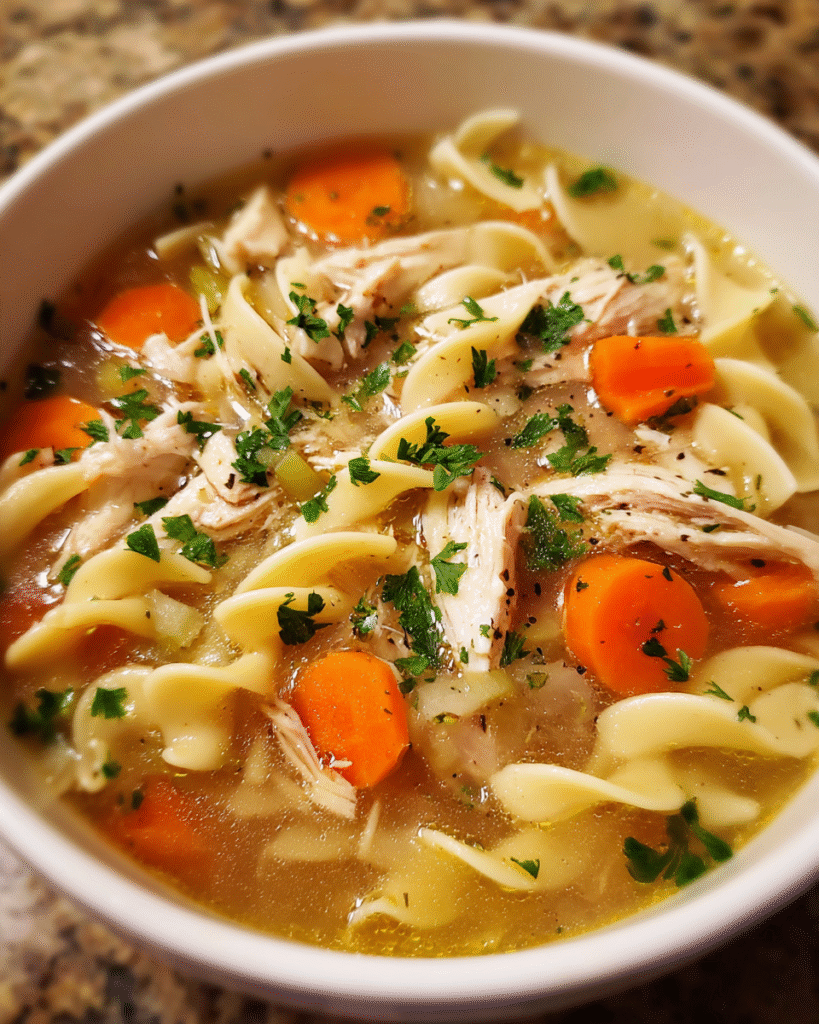 Leftover Turkey Noodle Soup in rustic bowl