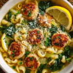 Bowl of lemon chicken meatball soup with pasta and spinach