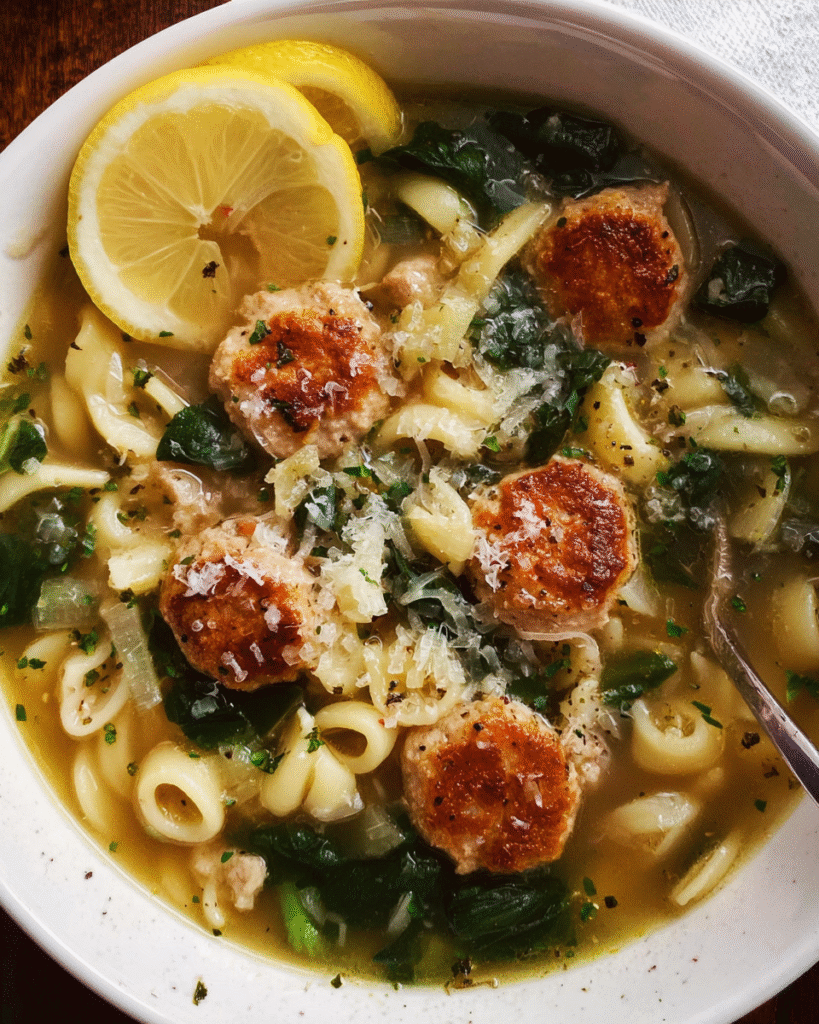 Bowl of lemon chicken meatball soup with pasta and spinach