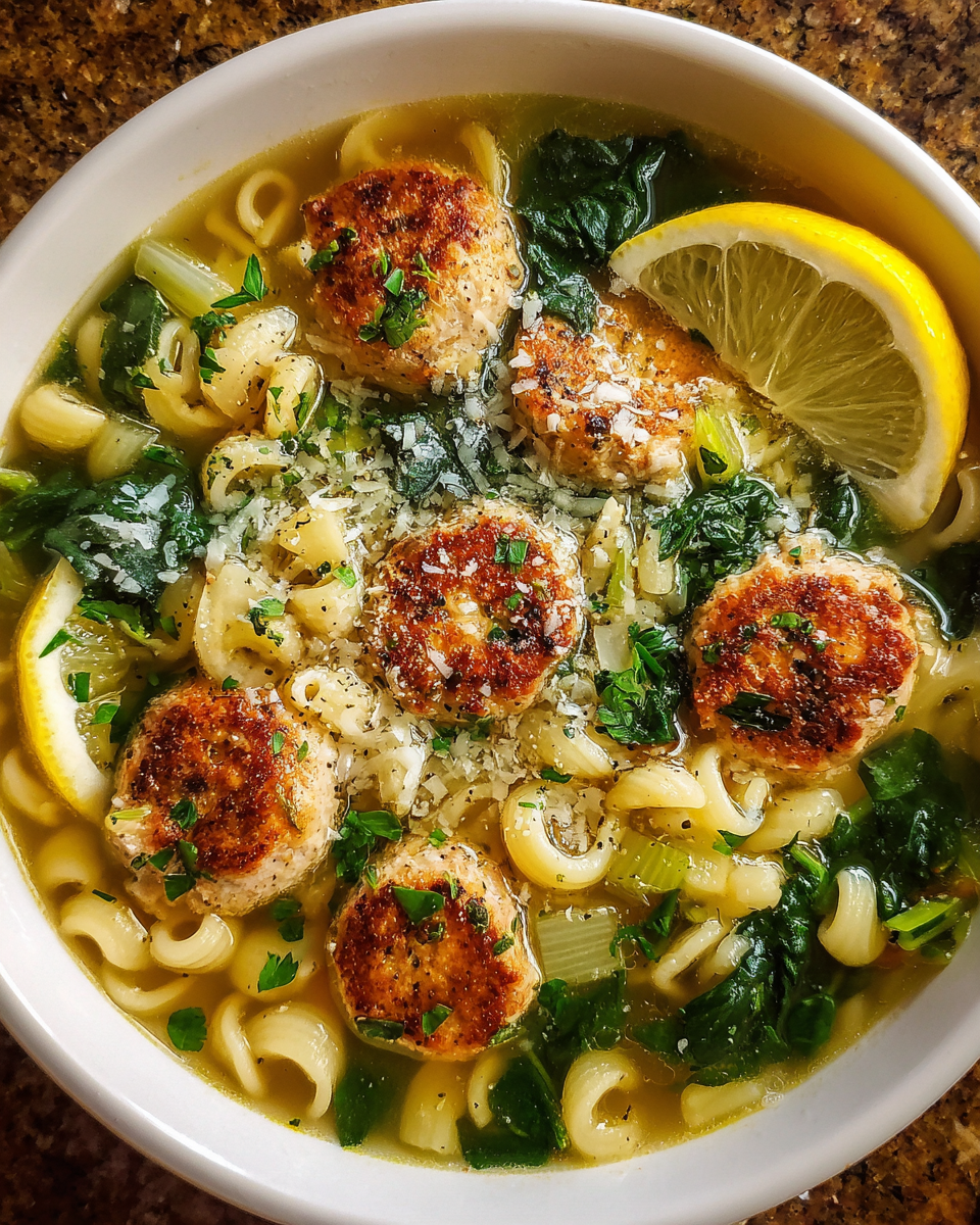 Bowl of lemon chicken meatball soup with pasta and spinach