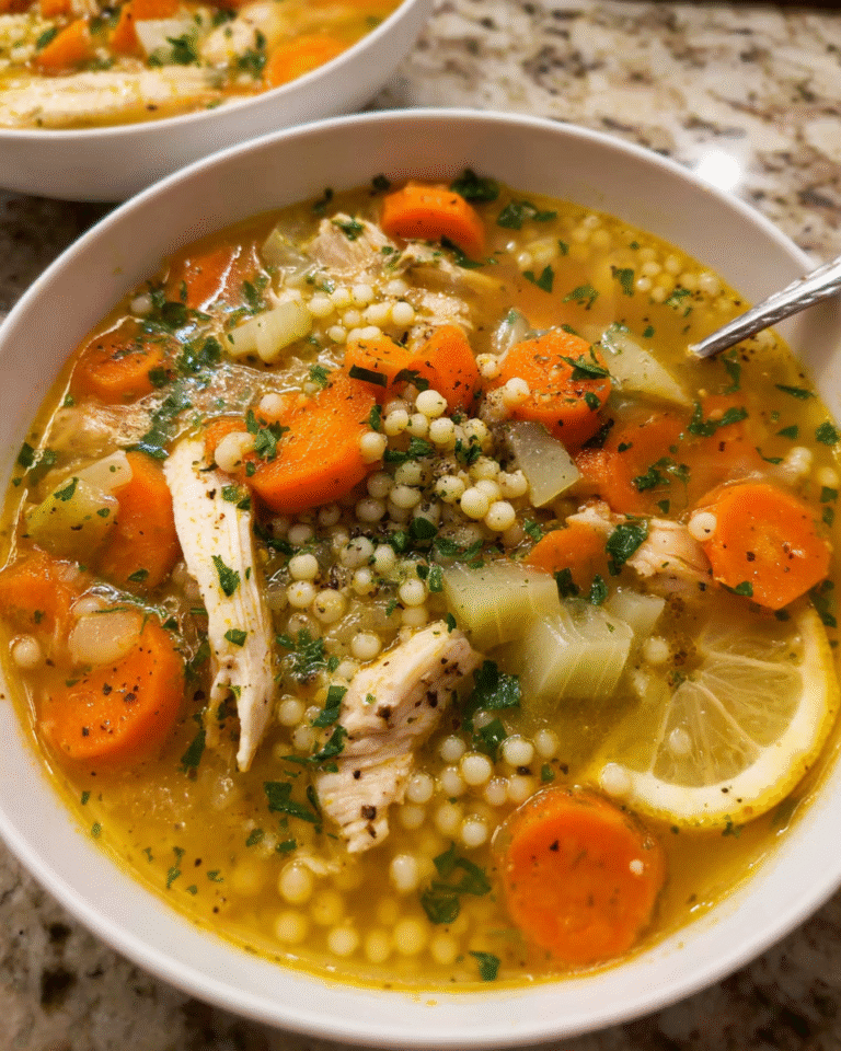 Bowl of lemon couscous chicken soup with herbs and vegetables