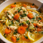 Bowl of lemon couscous chicken soup with herbs and vegetables