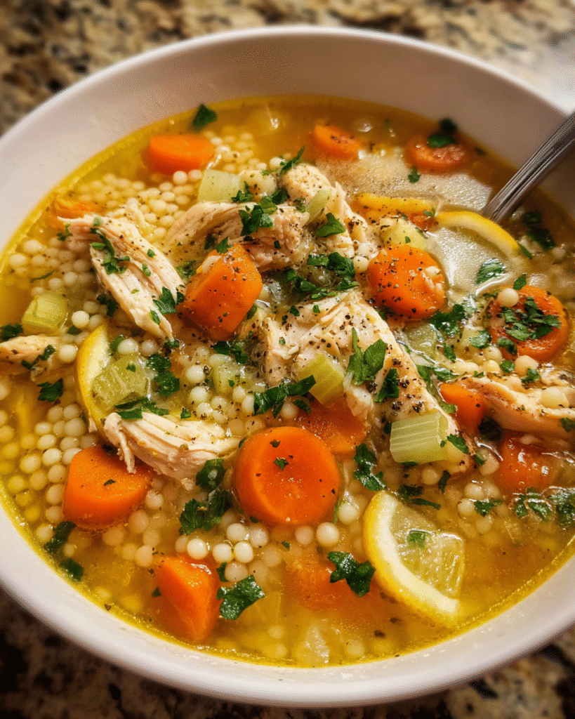 Bowl of lemon couscous chicken soup with herbs and vegetables