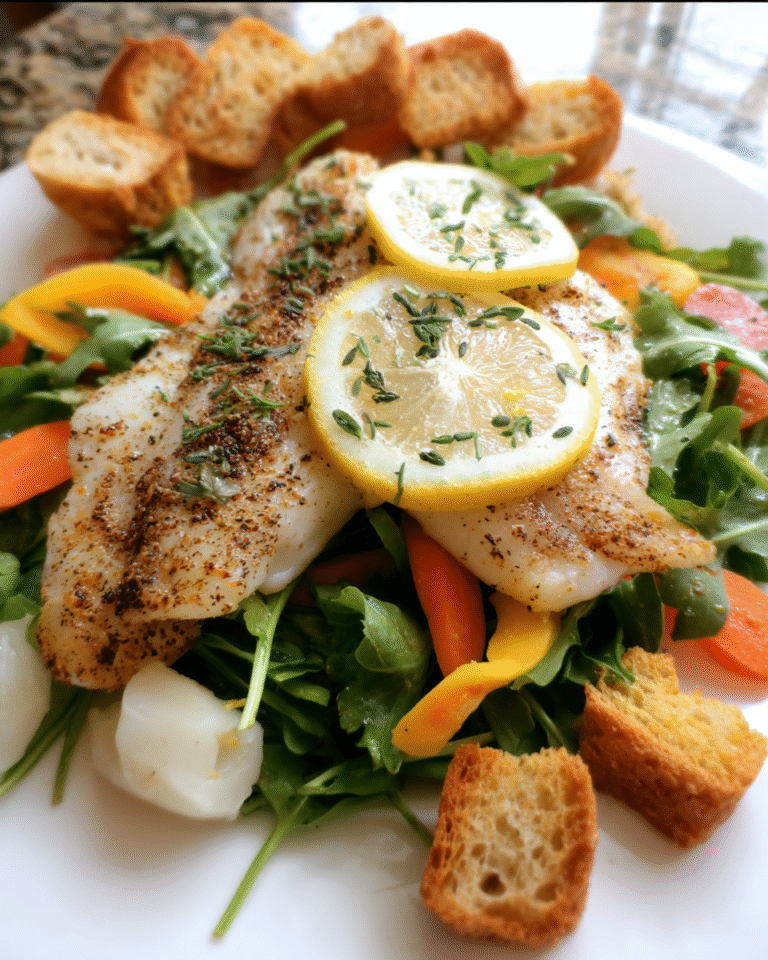 Lemon Pepper Tilapia With Spring Arugula Salad served on plate