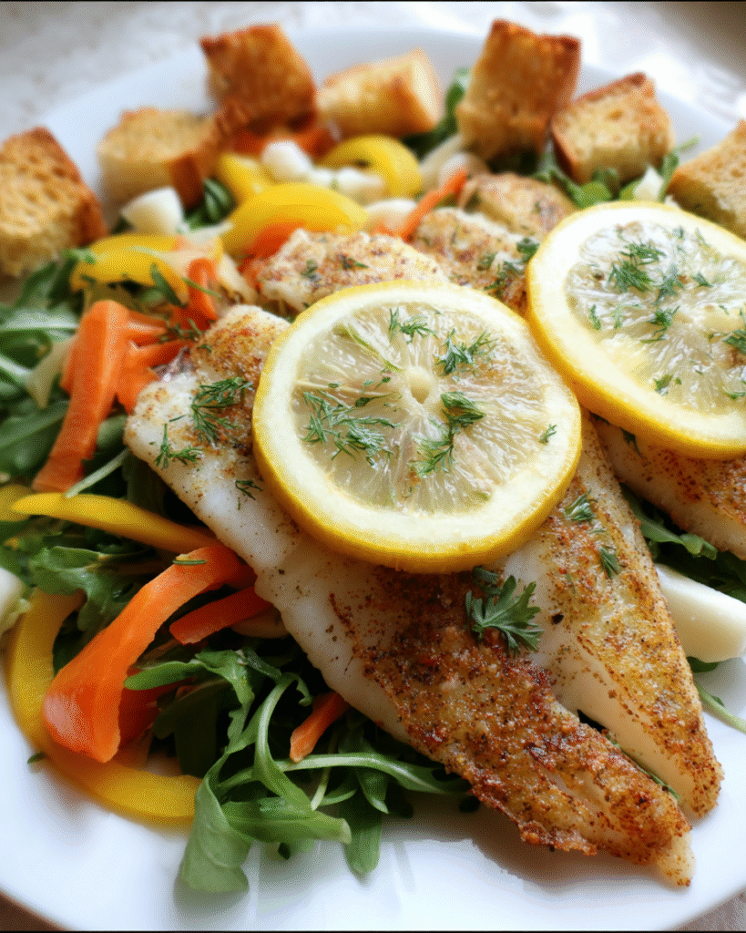 Lemon Pepper Tilapia With Spring Arugula Salad served on plate