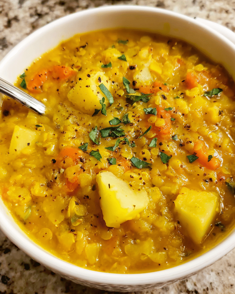 Bowl of creamy lentil potato soup with herbs