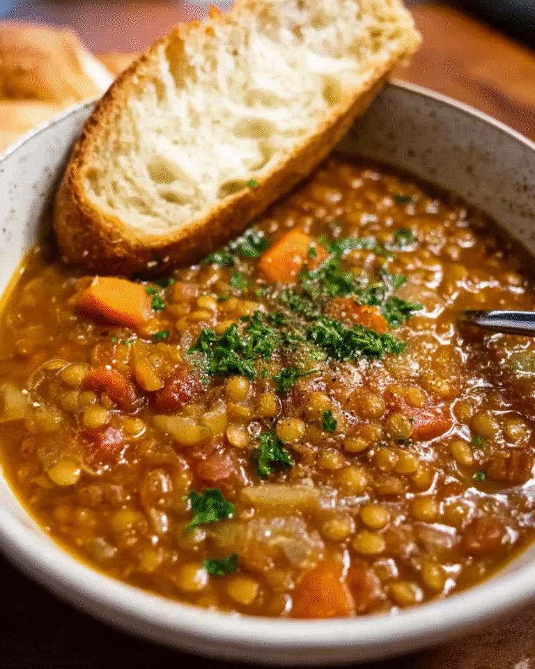 Lentil soup in rustic bowl with parsley and lemon