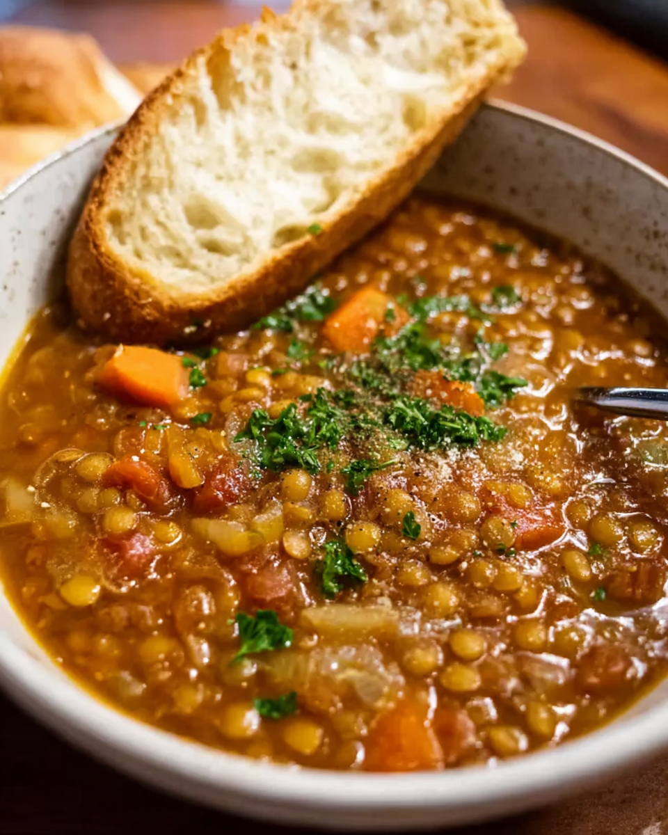 Lentil soup in rustic bowl with parsley and lemon