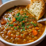 Lentil soup in rustic bowl with parsley and lemon