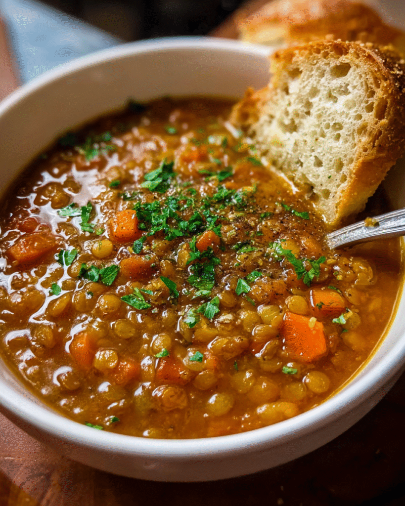 Lentil soup in rustic bowl with parsley and lemon
